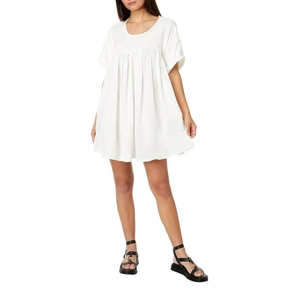 Free People NEW Women's Catalina Mini Dress Ivory Cotton Ruffle Round Neck